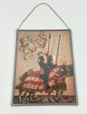 German Hand Painted Stained Glass Hanging Window Panel With Knights With Lances, 20th Century photo Art