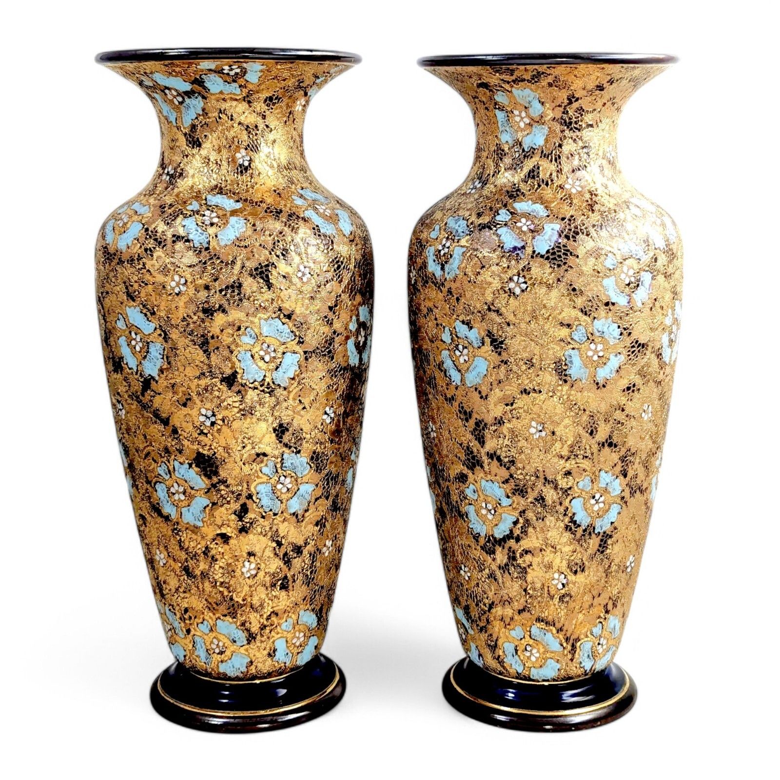 Royal Doulton Lambeth Slater’s Patent Pair Vases, Enamel Floral, C. 1910, 40 Cm
