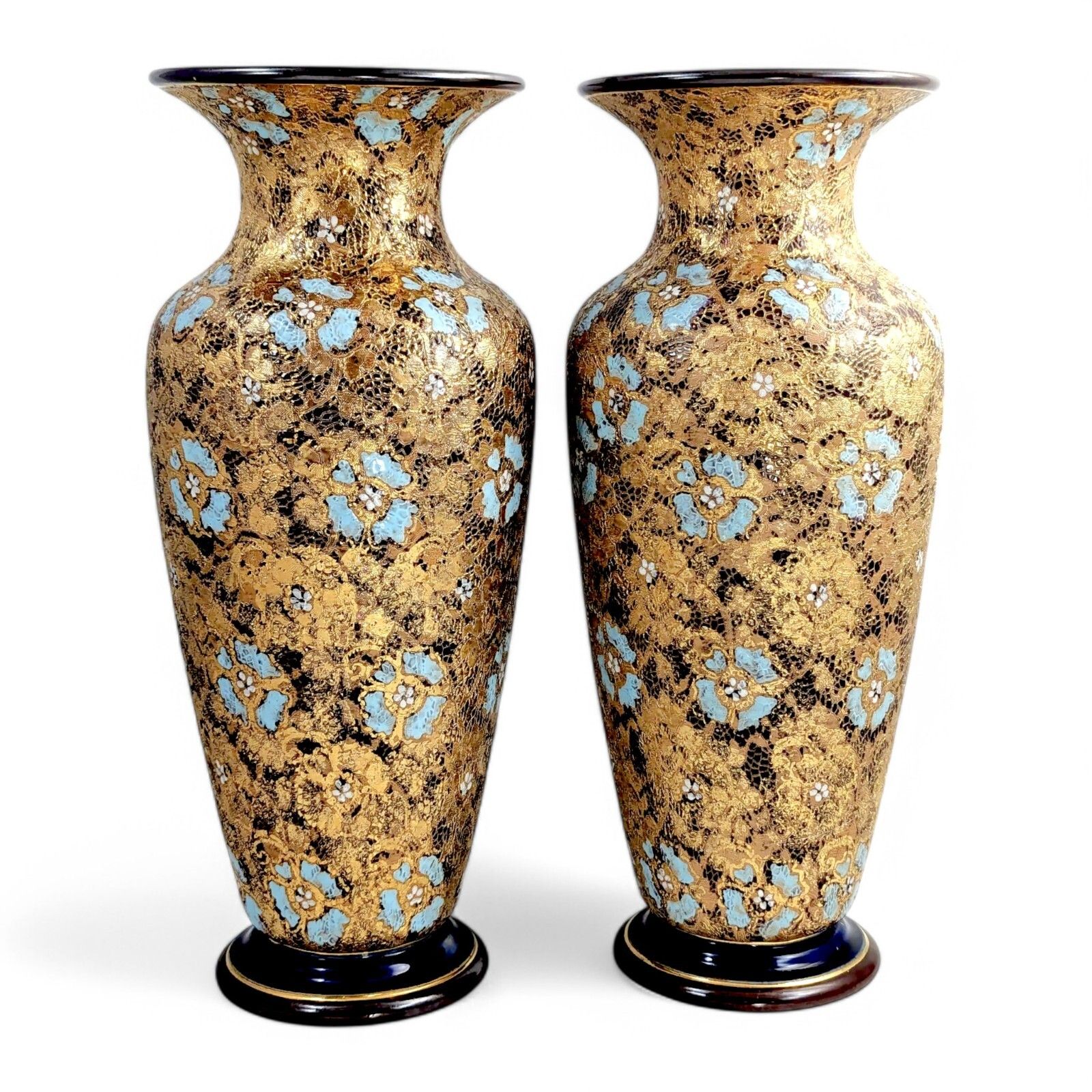 Royal Doulton Lambeth Slater’s Patent Pair Vases, Enamel Floral, C. 1910, 40 Cm photo for sale