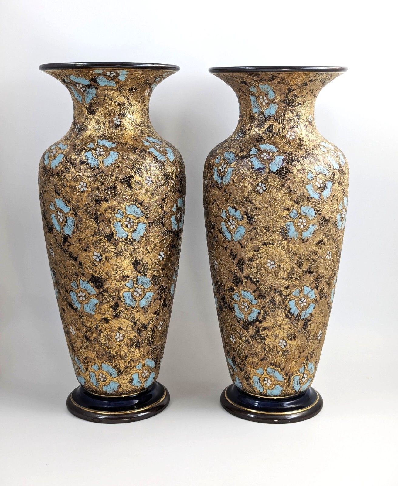 Royal Doulton Lambeth Slater’s Patent Pair Vases, Enamel Floral, C. 1910, 40 Cm photo vinterior