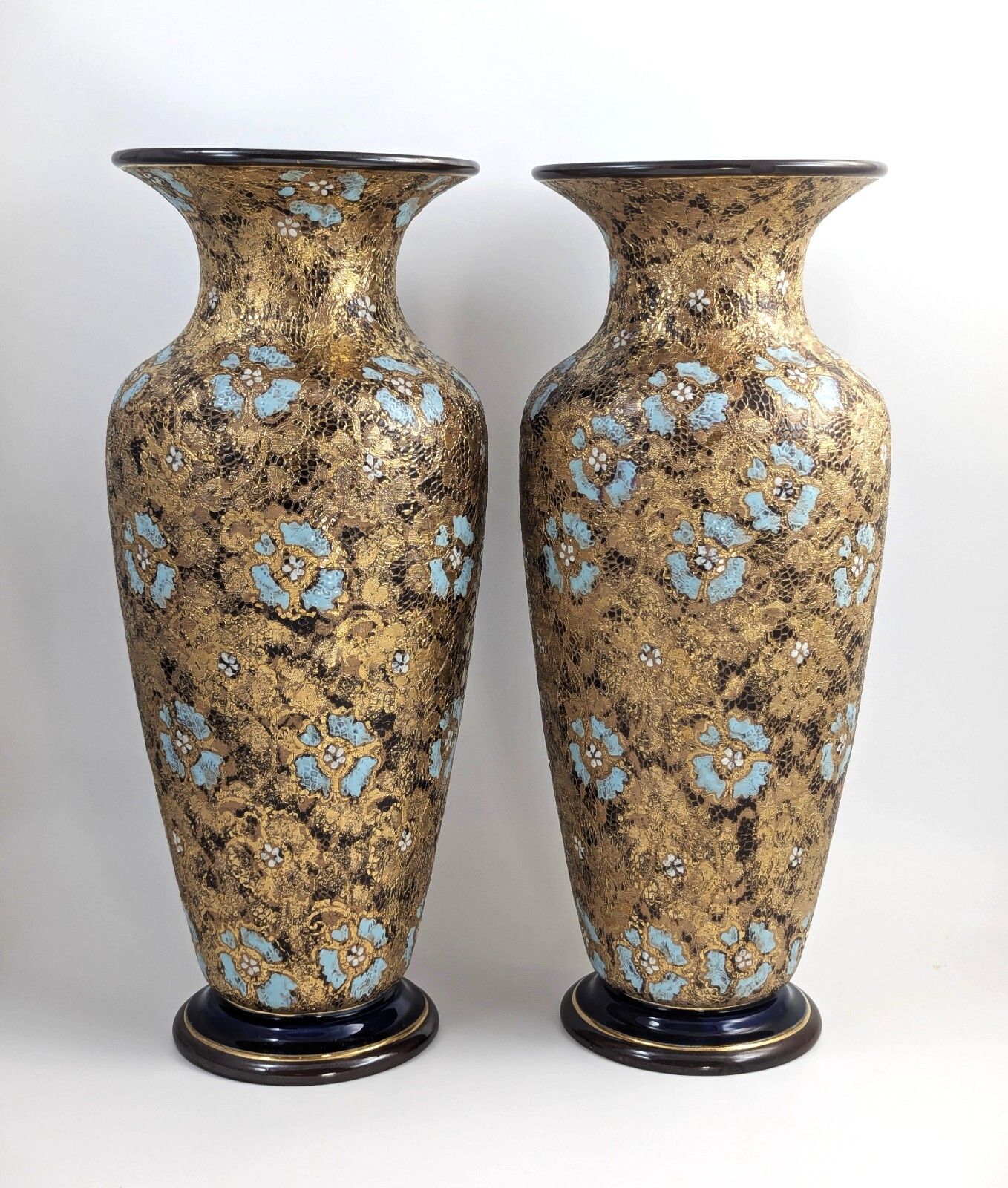 Royal Doulton Lambeth Slater’s Patent Pair Vases, Enamel Floral, C. 1910, 40 Cm photo buy