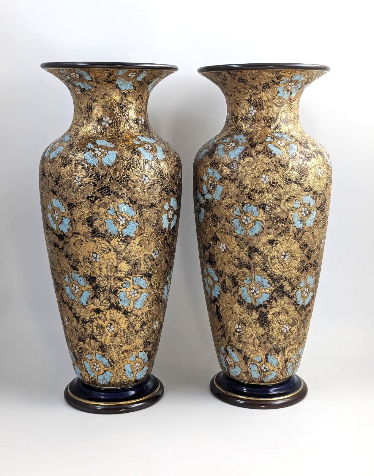 Royal Doulton Lambeth Slater’s Patent Pair Vases, Enamel Floral, C. 1910, 40 Cm photo vintage