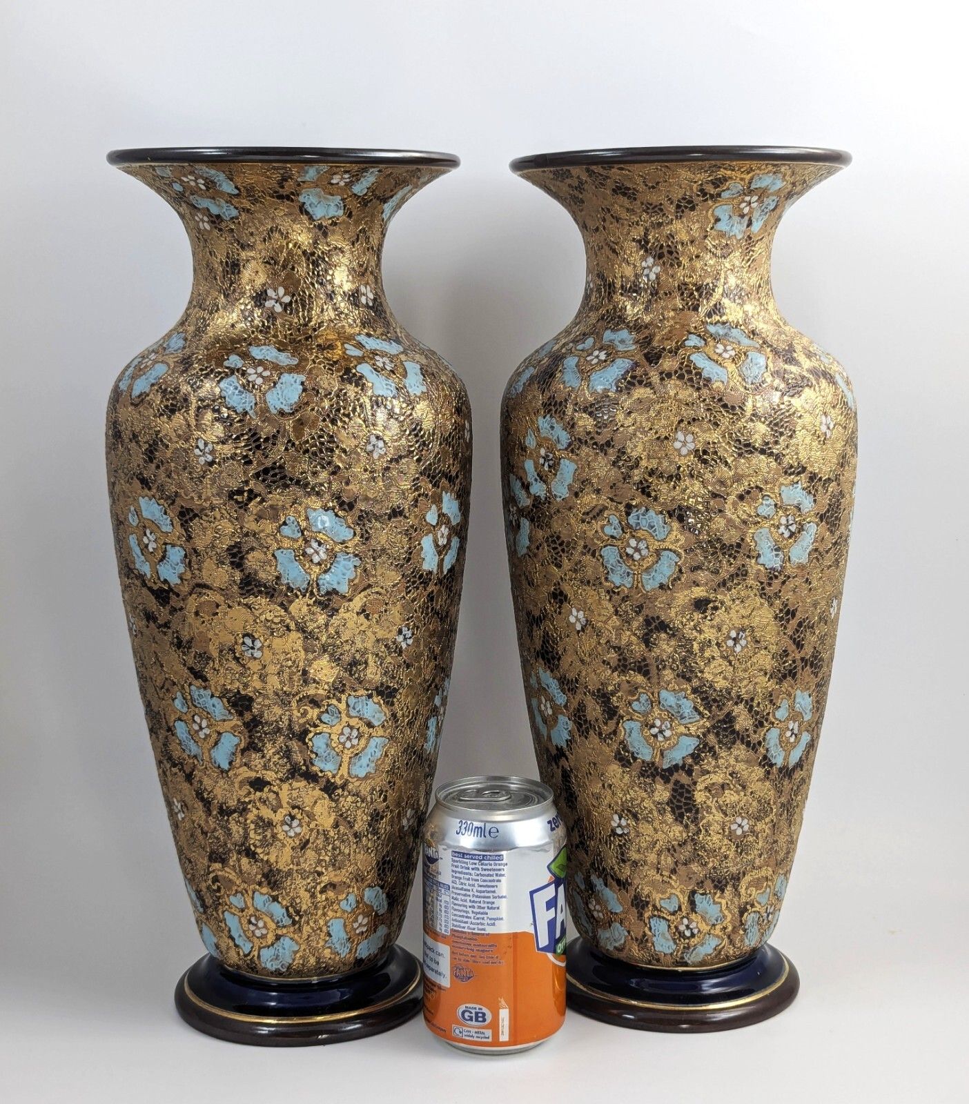 photo buy Royal Doulton Lambeth Slater’s Patent Pair Vases, Enamel Floral, C. 1910, 40 Cm