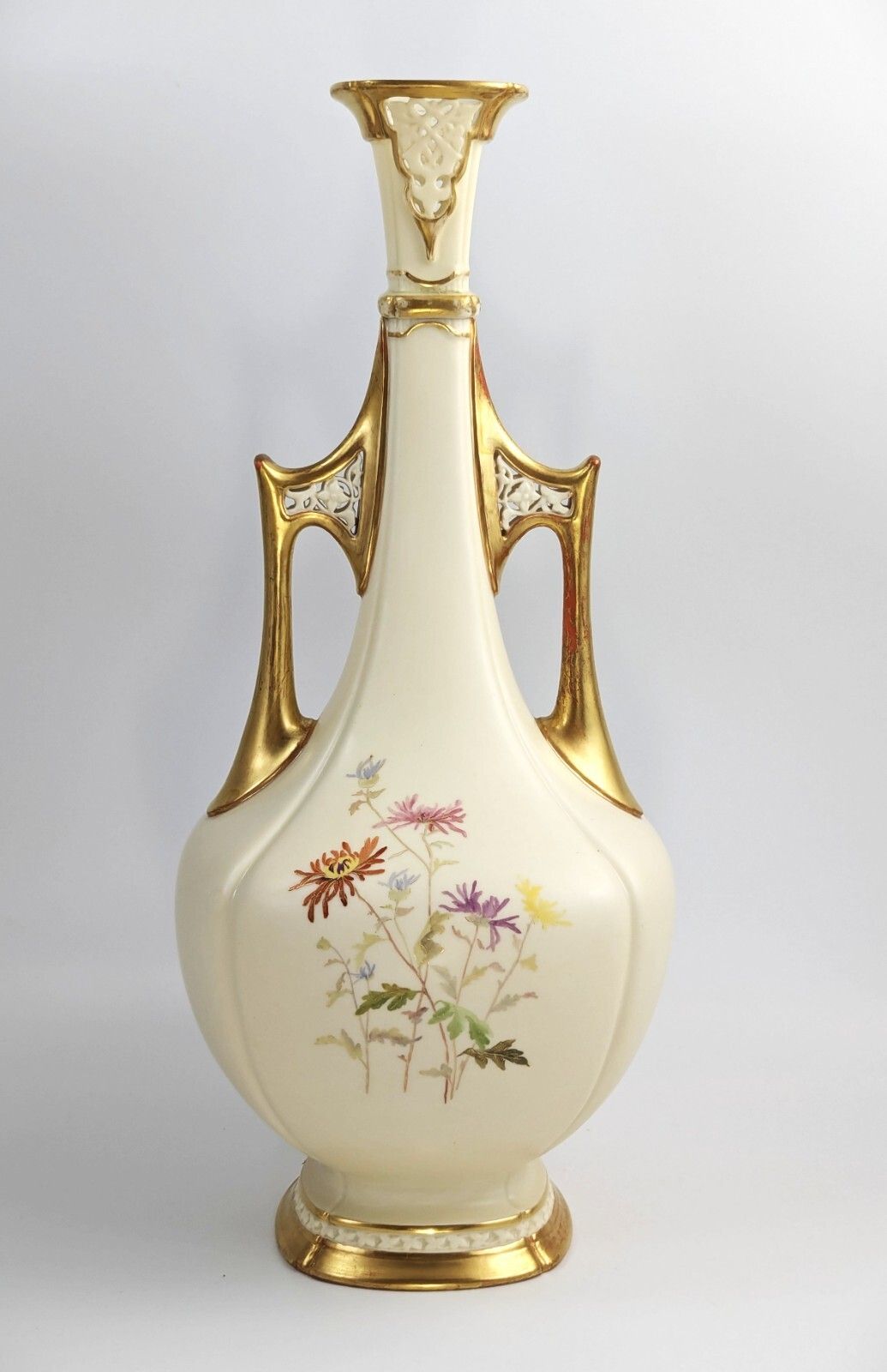 Royal Worcester Porcelain Vase, Hand Painted Chrysanthemums & Gilt Handles, 1890 photo buy