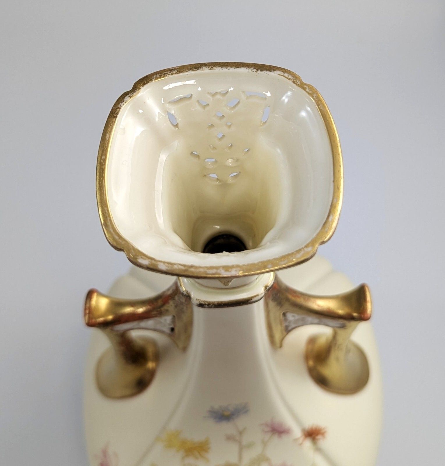 photo for sale Royal Worcester Porcelain Vase, Hand Painted Chrysanthemums & Gilt Handles, 1890
