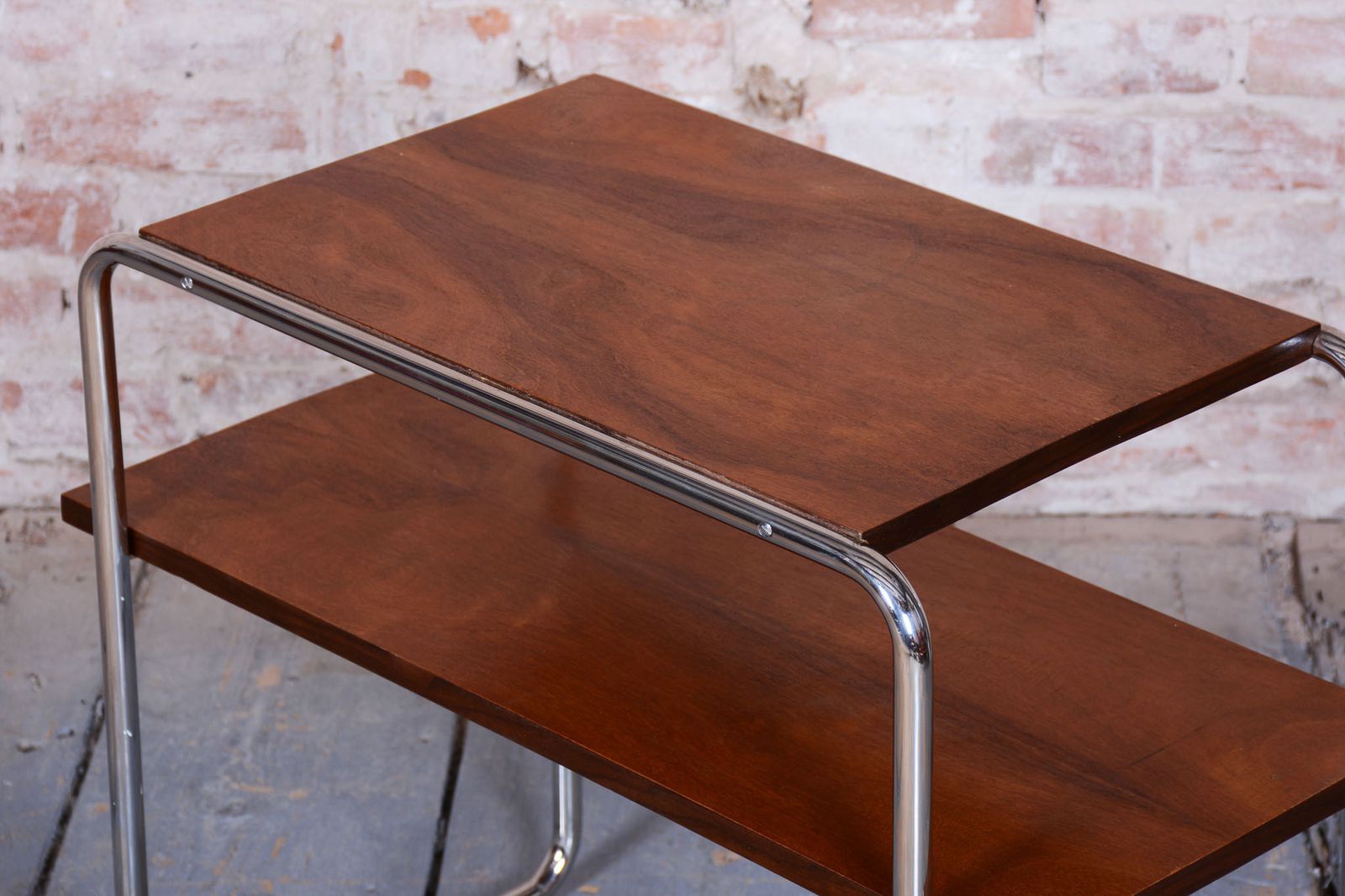 Restored Bauhaus Side Table, Walnut, Chrome Plated Steel, Polish, Czech, 1930s photo Furniture