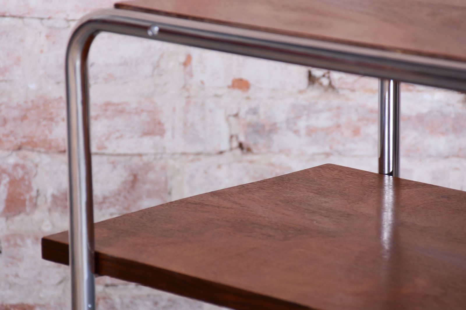Restored Bauhaus Side Table, Walnut, Chrome Plated Steel, Polish, Czech, 1930s photo 900.0