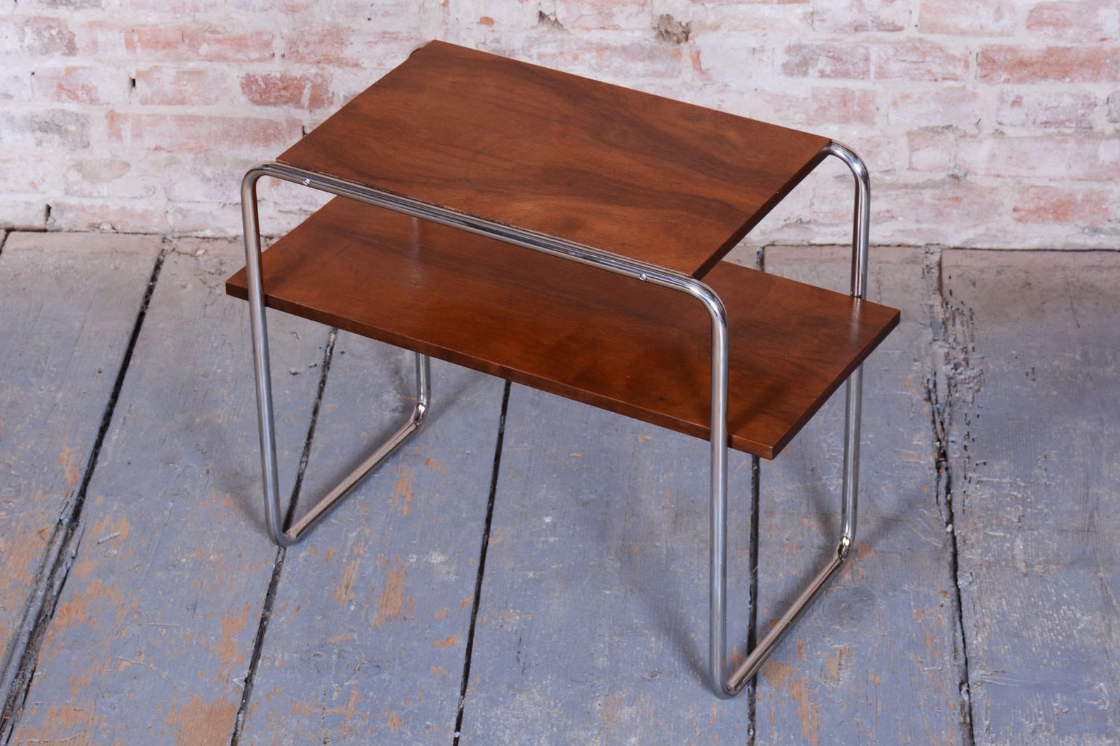 Restored Bauhaus Side Table, Walnut, Chrome Plated Steel, Polish, Czech, 1930s photo buy