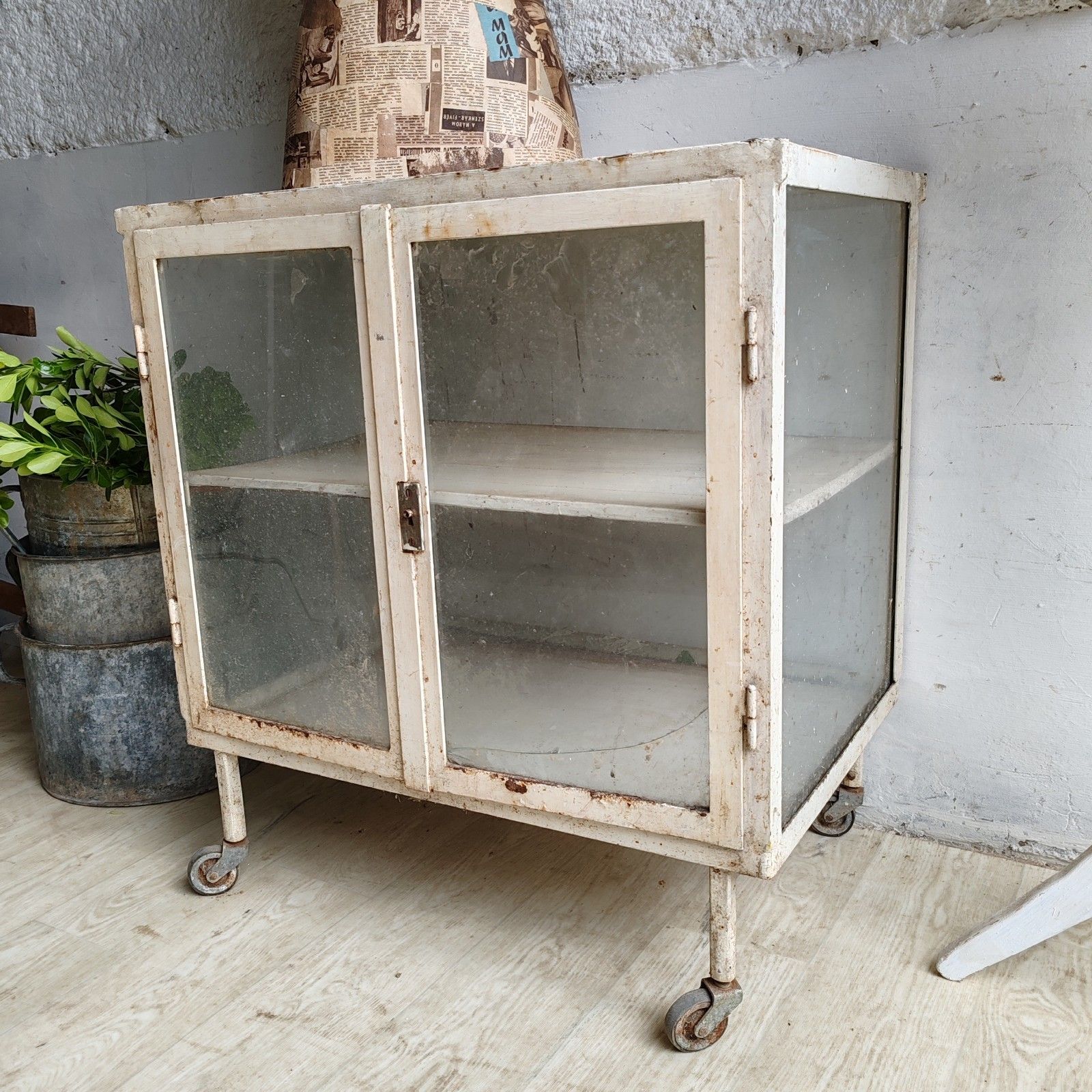 1920s Central European Medical Cabinet – Metal & Glass, Strong Casters, Rare photo Furniture