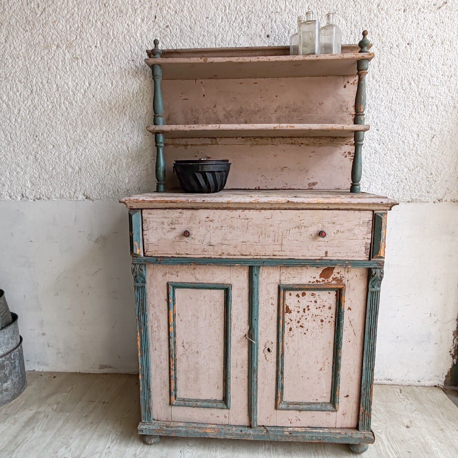 Unique C1890 French Handmade Dresser – Ornate Carvings, Rustic Pink & Blue