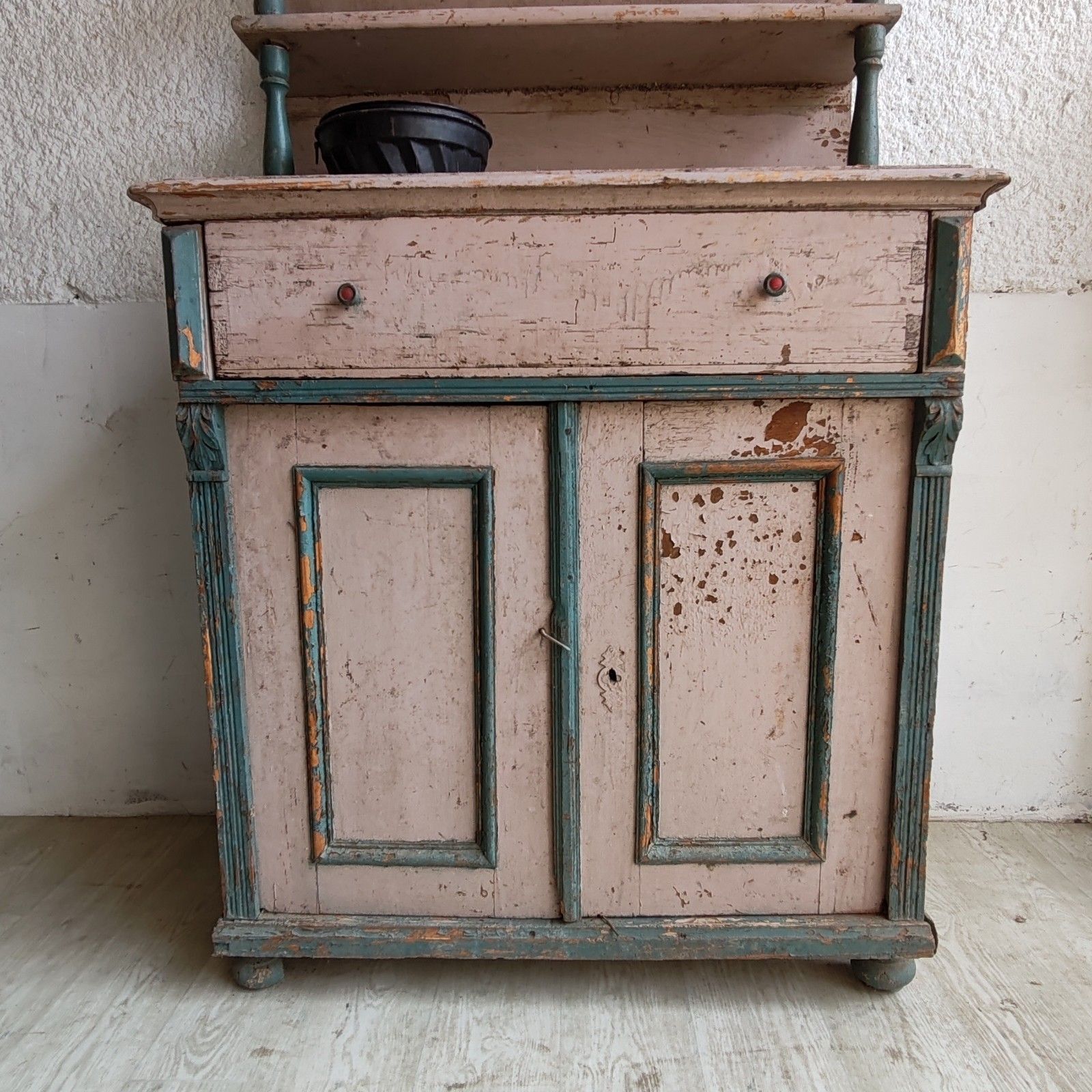 Unique C1890 French Handmade Dresser – Ornate Carvings, Rustic Pink & Blue photo furniture