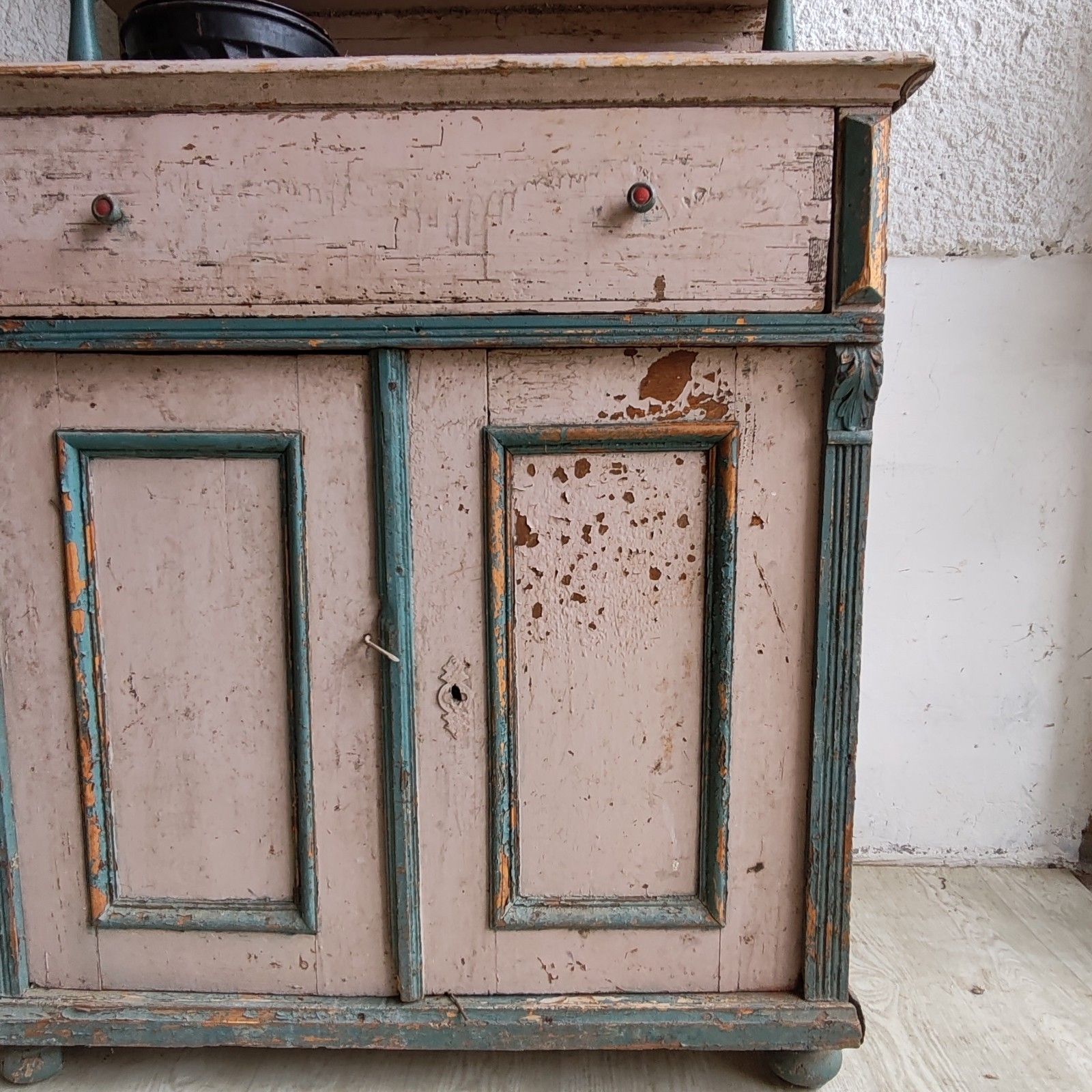 Unique C1890 French Handmade Dresser – Ornate Carvings, Rustic Pink & Blue photo Furniture