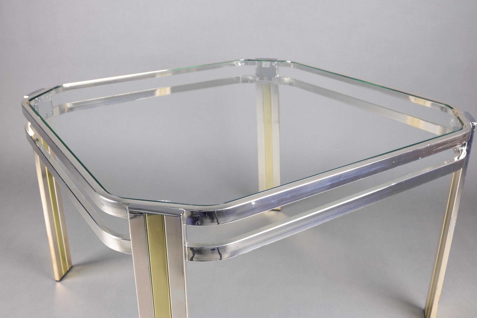 Vintage Chrome And Glass Coffee Table With Gold Accents | Mid Century Modern Square Side Table | Hollywood Regency Glam Square Coffee Table photo buy