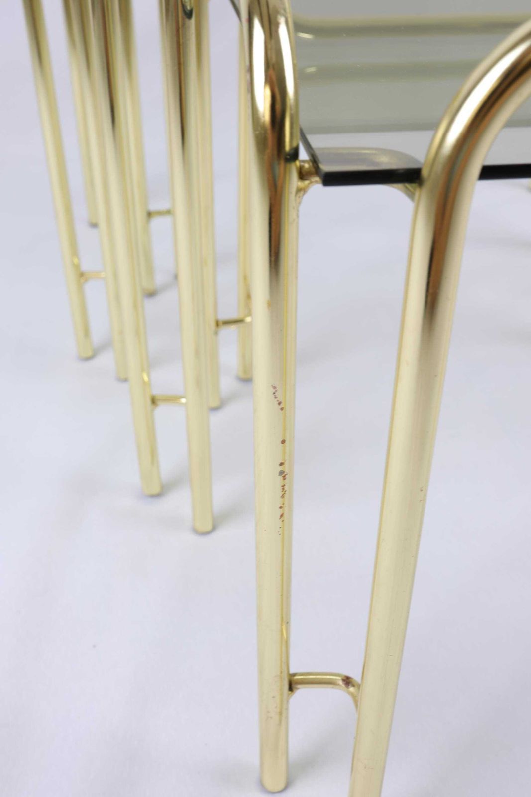 photo for sale Vintage Mid Century Nesting Tables Set | Brass Frame And Smoked Glass Top | Retro Stackable Side Tables | Gold Accent Tables For Home Décor