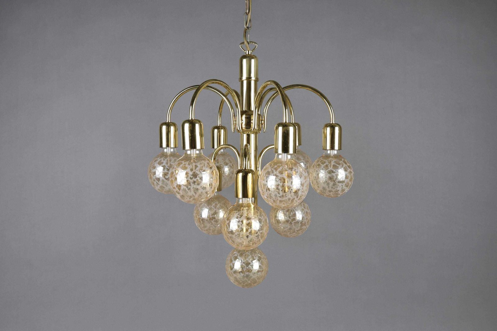 1970s Gold Chandelier | Mid Century Ceiling Light | Vintage Glass Globe Pendant photo vinterior