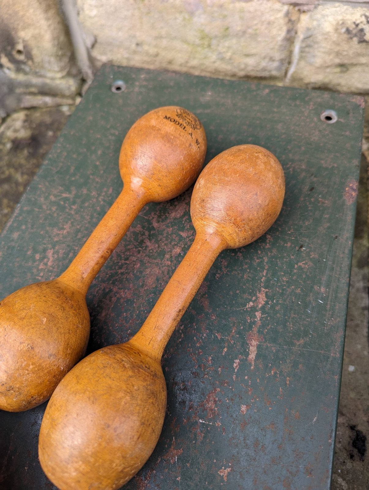 Pair Spalding Wooden Dumbbells 1910s 1920s Gym Decor Gym Gift Fitness Gift photo for sale