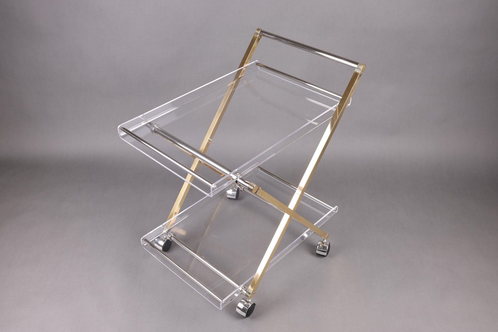 1970s Acrylic & Brass Bar Cart | Hollywood Regency Rolling Trolley | Vintage Lucite Drinks Cart With Gold Accents photo furniture