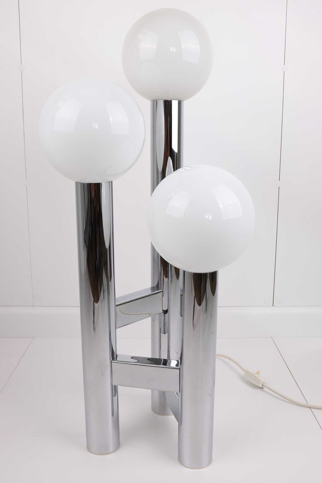 Unique Vintage German Mid Century Modern Table Lamp | 1970s Space Age Chrome Desk Lamp | Retro Globe Lamp With Three Opal Glass Spheres photo 863.0