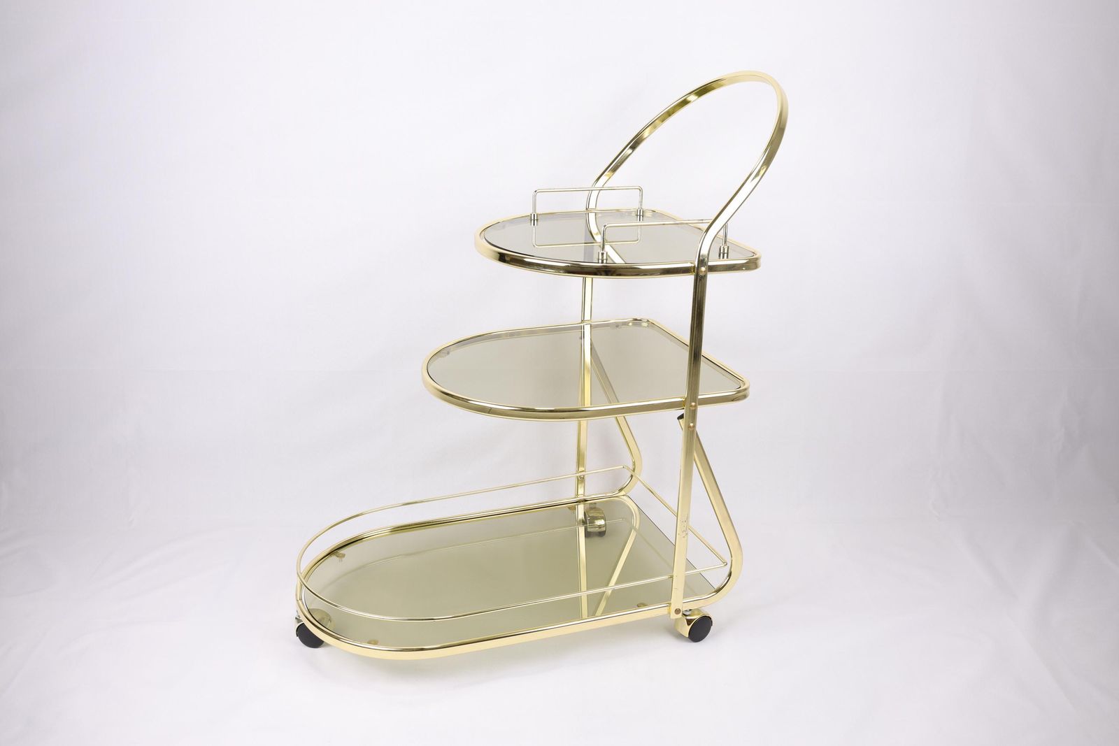 Gold Bar Cart | Mid Century Modern Serving Trolley | Three Tier Drinks Cart With Glass Shelves | Vintage Style Beverage Cart
