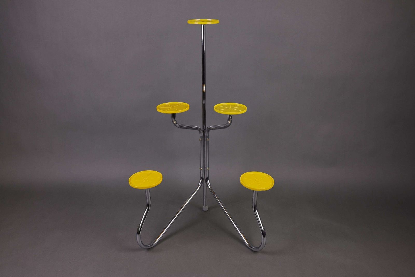 1960s Chrome Plant Stand | Yellow Vintage Flower Shelf | Mid Century Modern Plant Display photo furniture