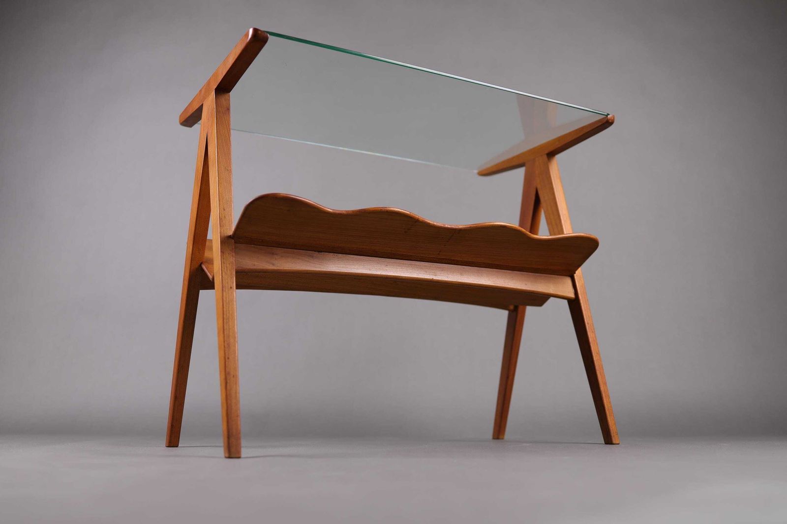 1960s Mid Century Side Table With Magazine Rack | Glass & Wood Bedside Table | Vintage Italian Coffee Table photo vinterior