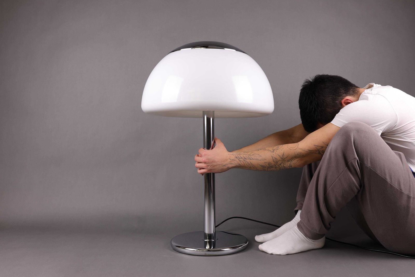1990s German Large Table Lamp | Chrome And White Plastic Shade | Retro Lighting For Office Or Living Room photo furniture