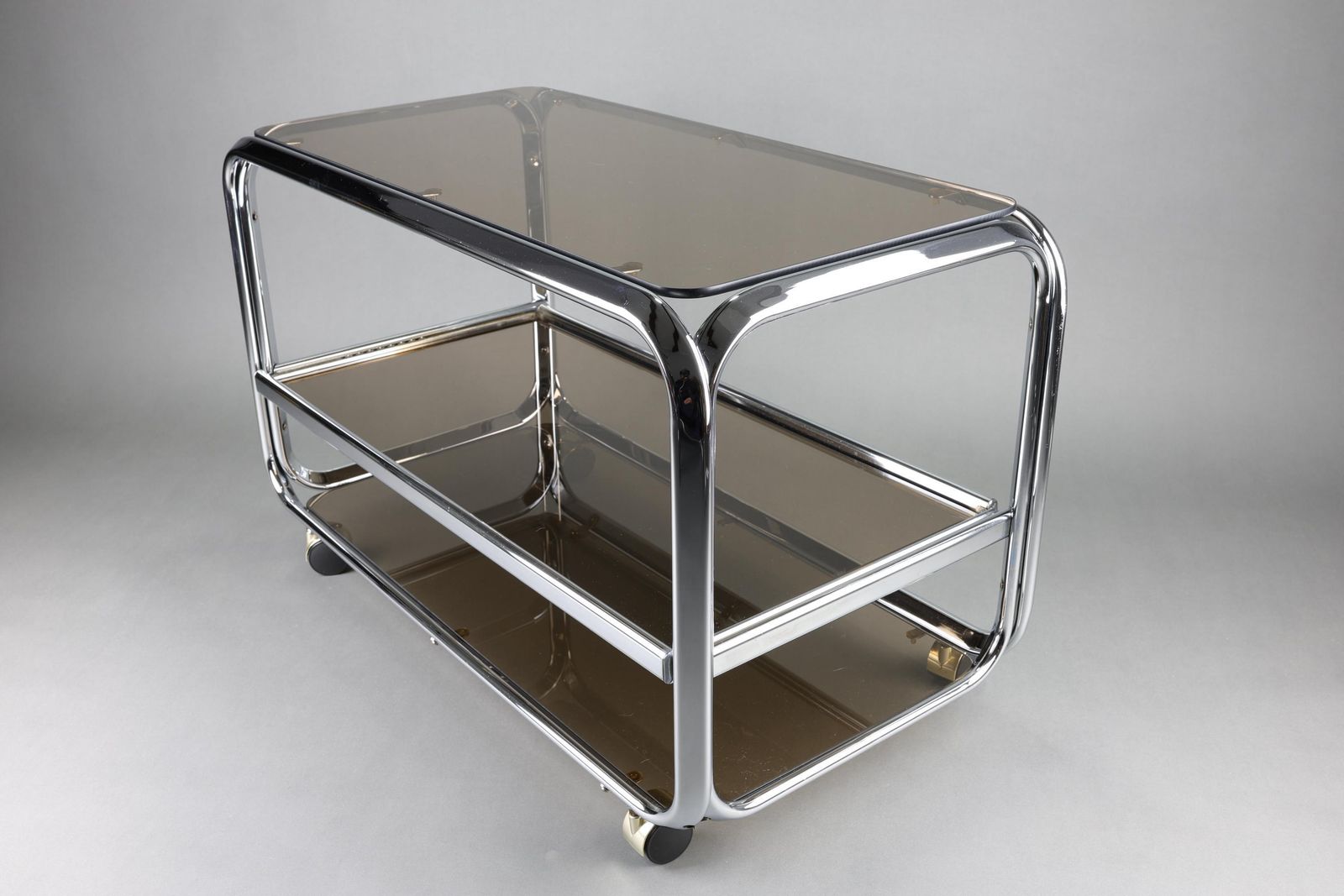 Vintage 3 Tier Chrome Bar Cart With Sliding Smoke Glass Shelf | Mid Century Modern Rolling Serving Cart | Retro Drink Trolley On Wheels photo 942.0
