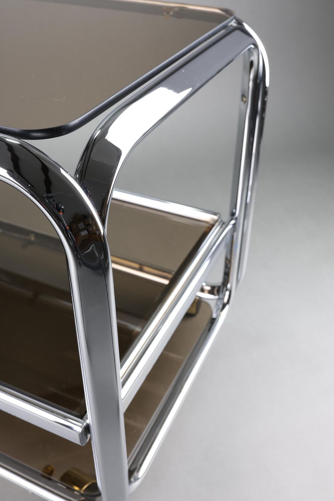 Vintage 3 Tier Chrome Bar Cart With Sliding Smoke Glass Shelf | Mid Century Modern Rolling Serving Cart | Retro Drink Trolley On Wheels photo vintage