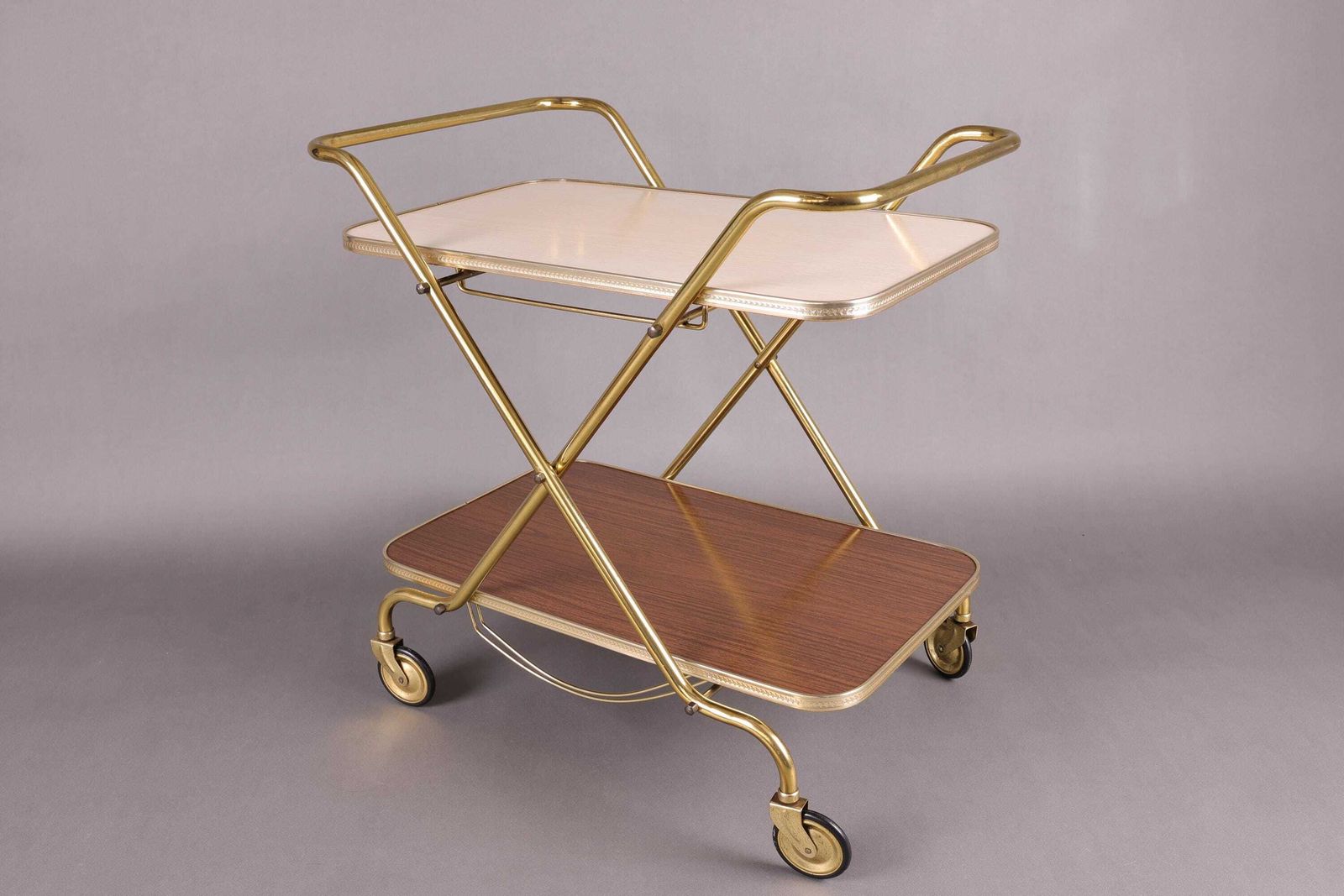 Vintage 1960s Bar Cart | Brass Finish & Wood | Mid Century Modern Drinks Trolley | Retro Tea Serving Cart | German Design photo for sale