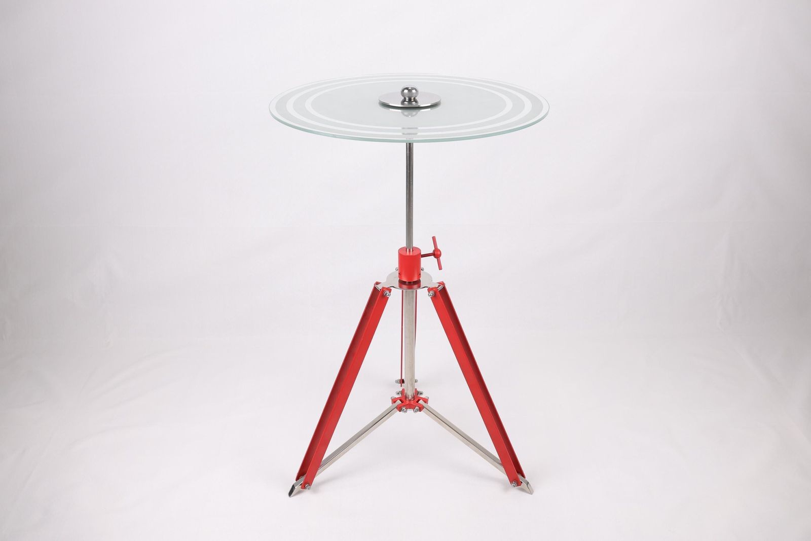 Vintage Adjustable Height Tripod Table | Modern Industrial Glass Side Table | Red Metal And Stainless Steel Base | Compact Foldable Design photo furniture