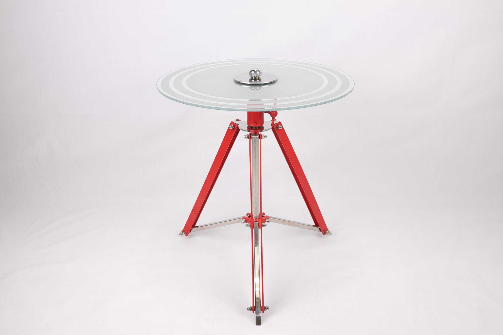 Vintage Adjustable Height Tripod Table | Modern Industrial Glass Side Table | Red Metal And Stainless Steel Base | Compact Foldable Design photo vinterior