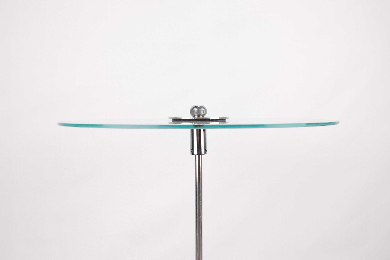 photo furniture Vintage Adjustable Height Tripod Table | Modern Industrial Glass Side Table | Red Metal And Stainless Steel Base | Compact Foldable Design