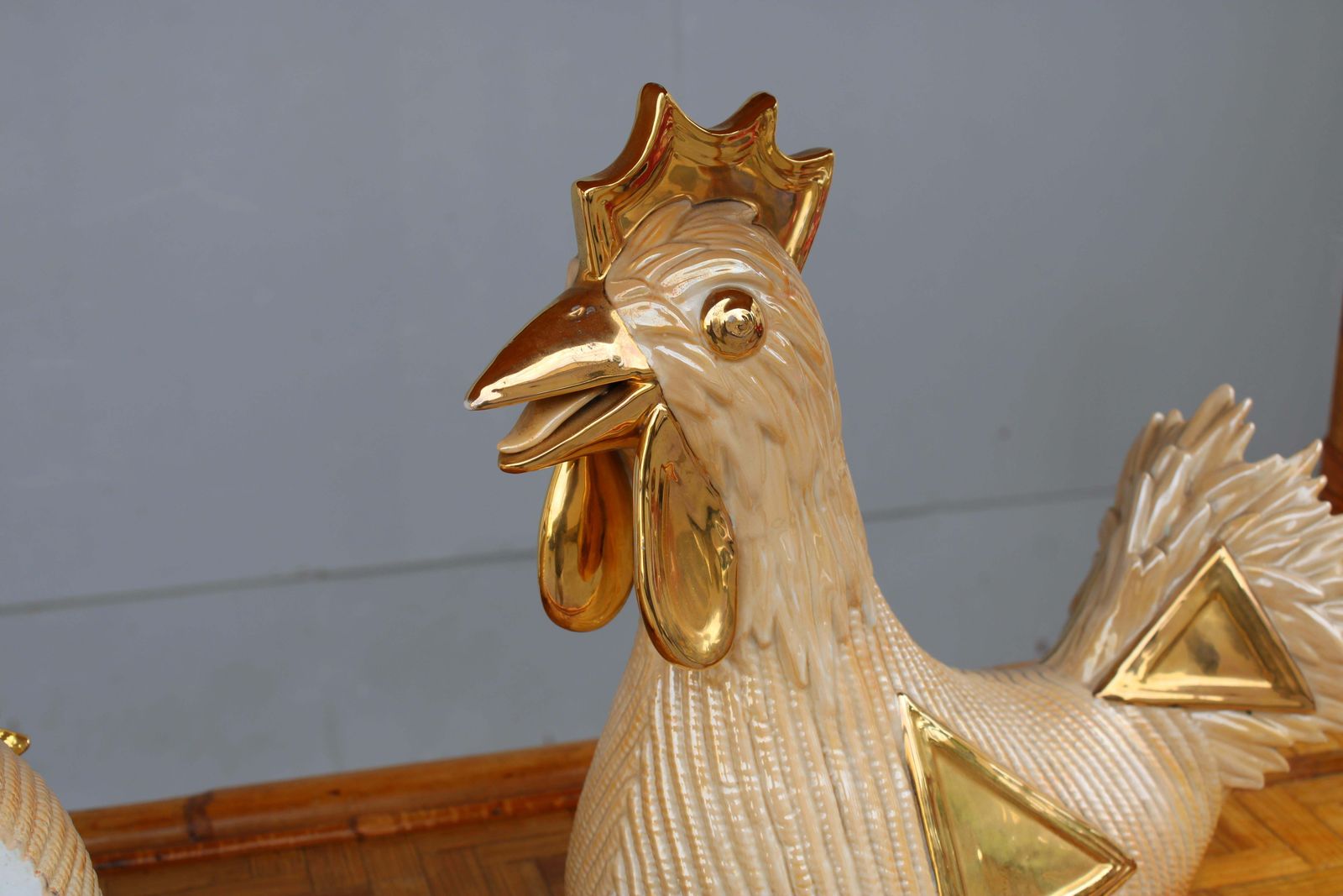 Large Sculptures Of Hen And Rooster Italy 1970 In 24 Kt Gold photo vintage