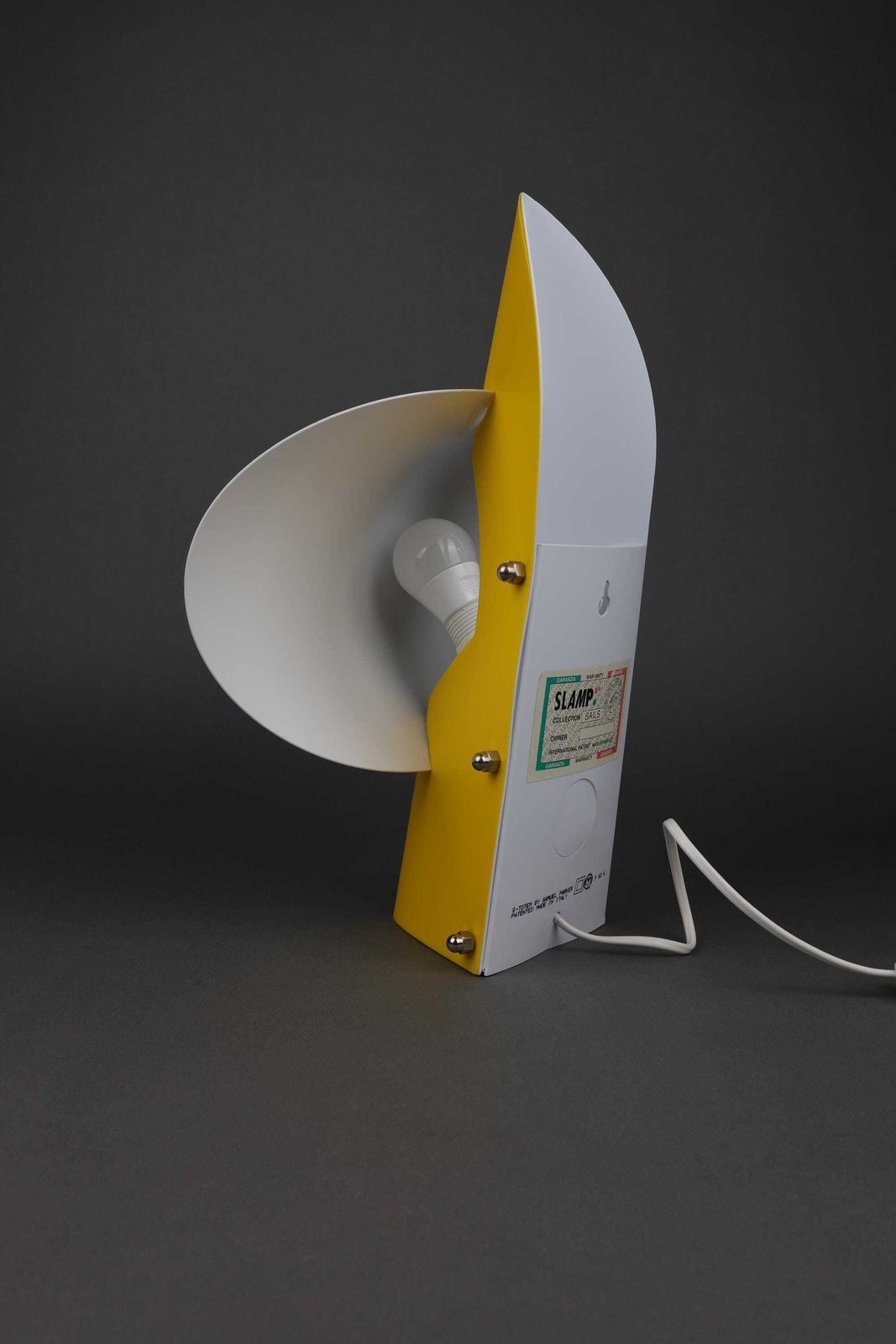 photo furniture Vintage Slamp Table Lamp By Samuel Parker | Mid Century Modern Italian Lighting | Sails Collection Wall/Table Lamp | Retro 1990s Yellow Lamp