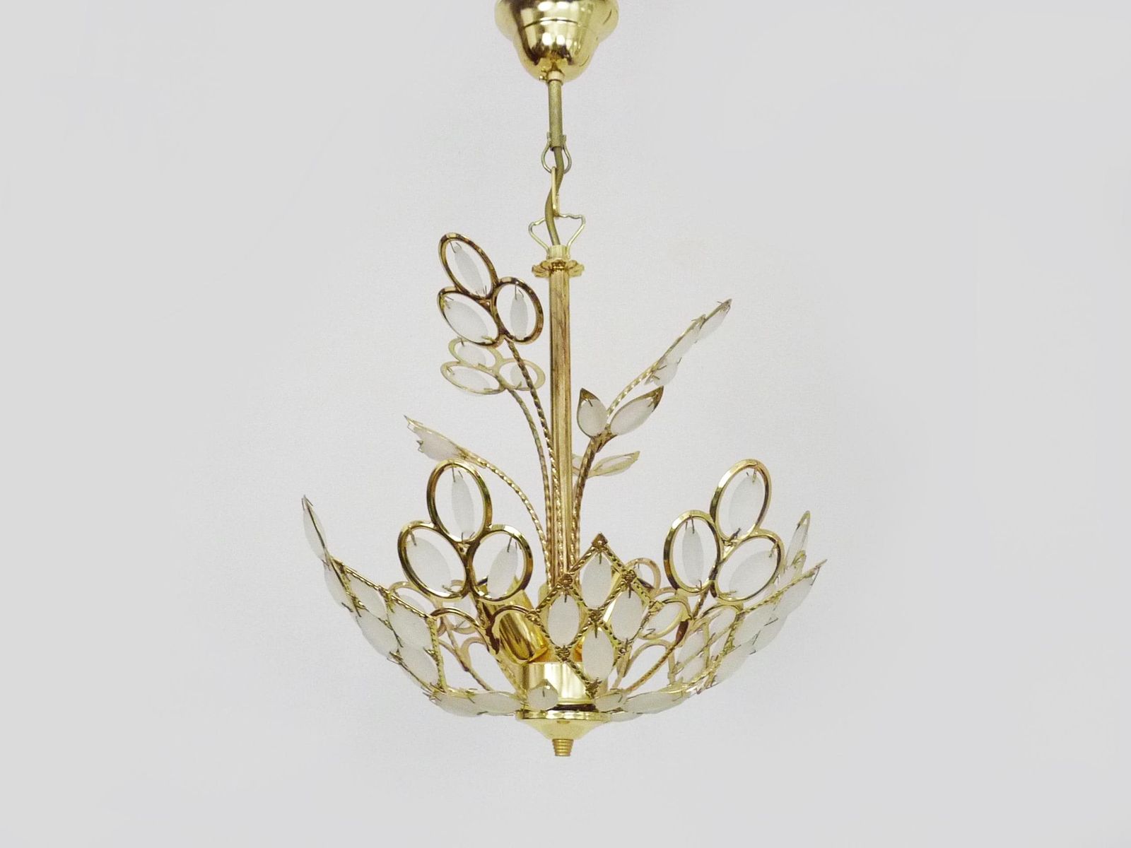 Antique 3 Light Floral Pendant Light In Gilded Metal With Glass Pendants. 1980s