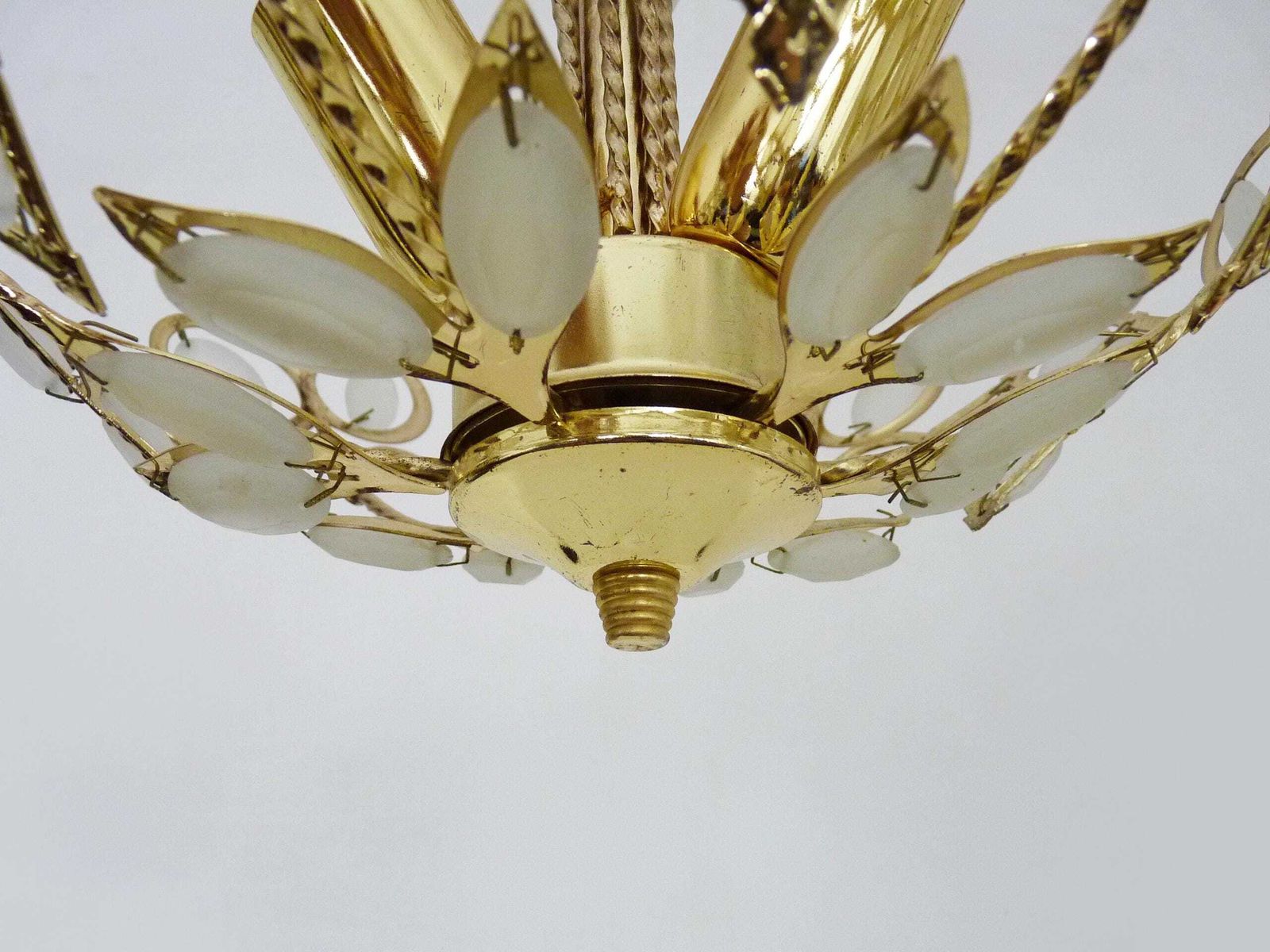 photo furniture Antique 3 Light Floral Pendant Light In Gilded Metal With Glass Pendants. 1980s