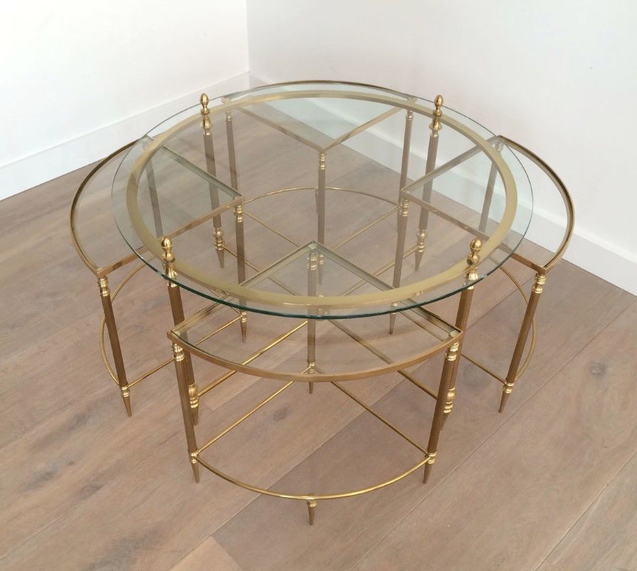 Neoclassical Round Brass Coffee Table With 4 Nesting Tables By Maison Bagués. Circa 1940