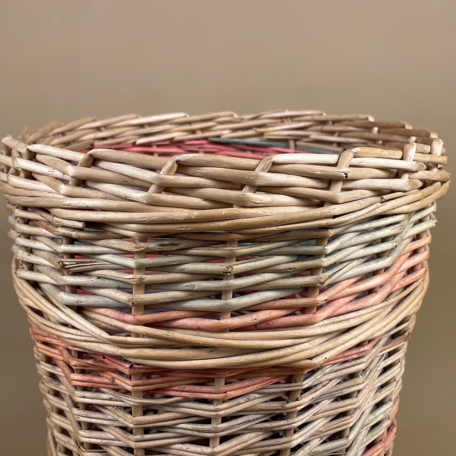 Vintage Round Basket Woven Wicker Brown Antique Cylinder Storage Farmhouse Cottage Decor Laundry Cane Wood Logs Fireplace Pale Striped photo for sale