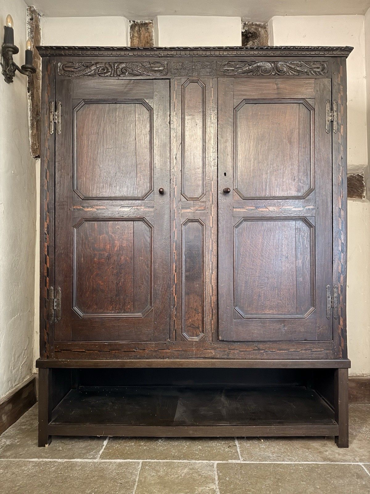 Furniture Original Welsh  Antique Livery Linen Cupboard Cabinet Intials M.J.H Dated 1715 photo