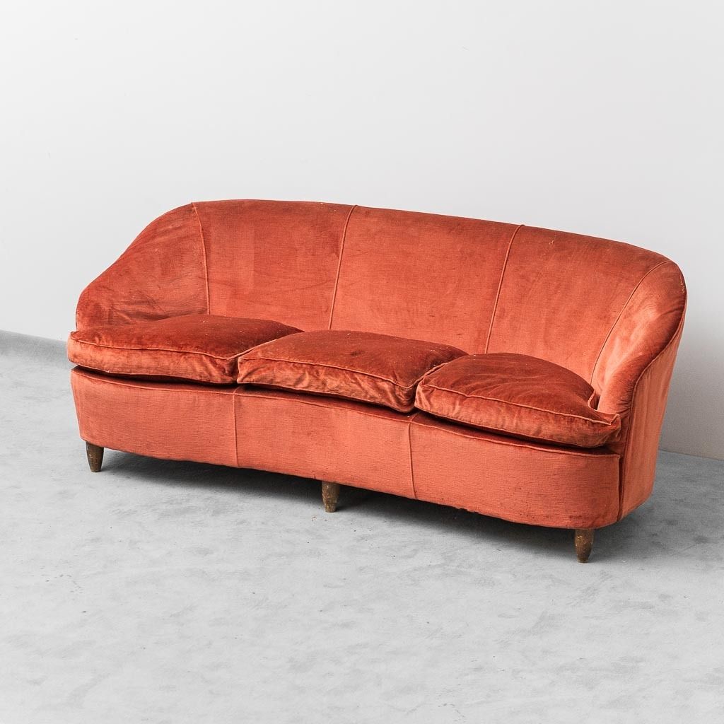 3 Seater Sofa In Orange Velvet 1950s Vintage Modernism