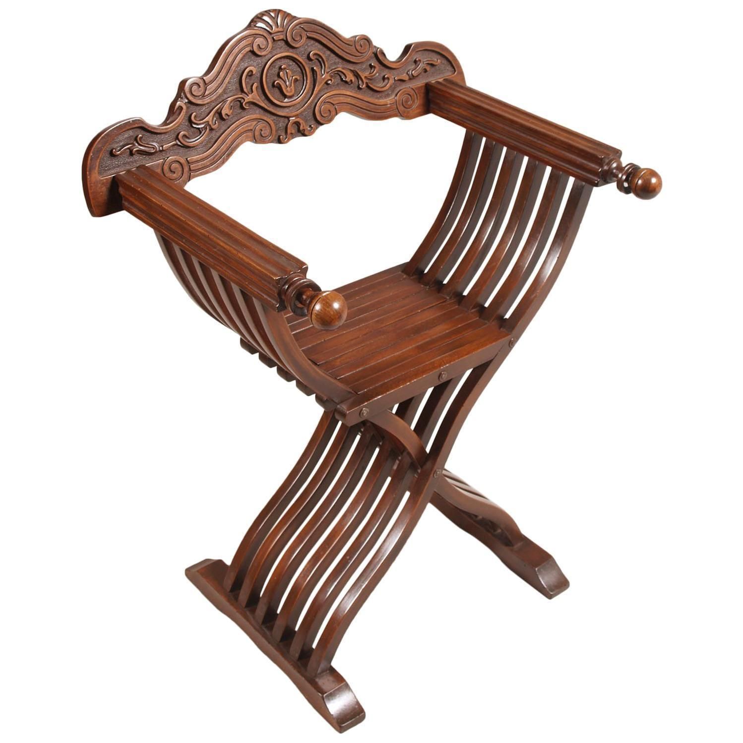 Renaissance Tuscny Savonarola Chair By Michele Bonciani In Carved Walnut Restored And Wax Polished