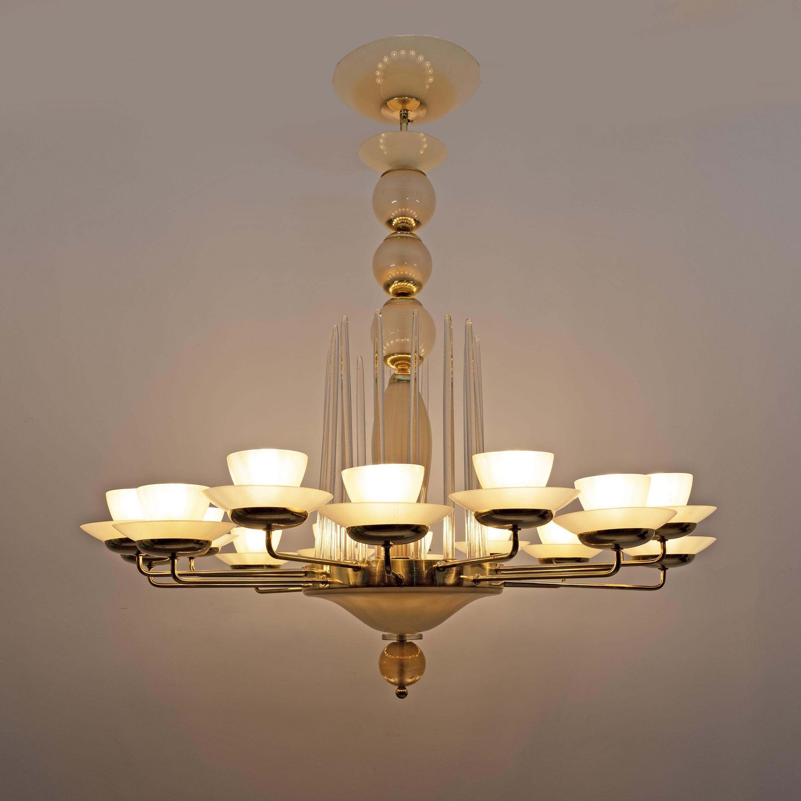 photo for sale Mid Century Modern Style Brass And Murano Glass Big Chandelier