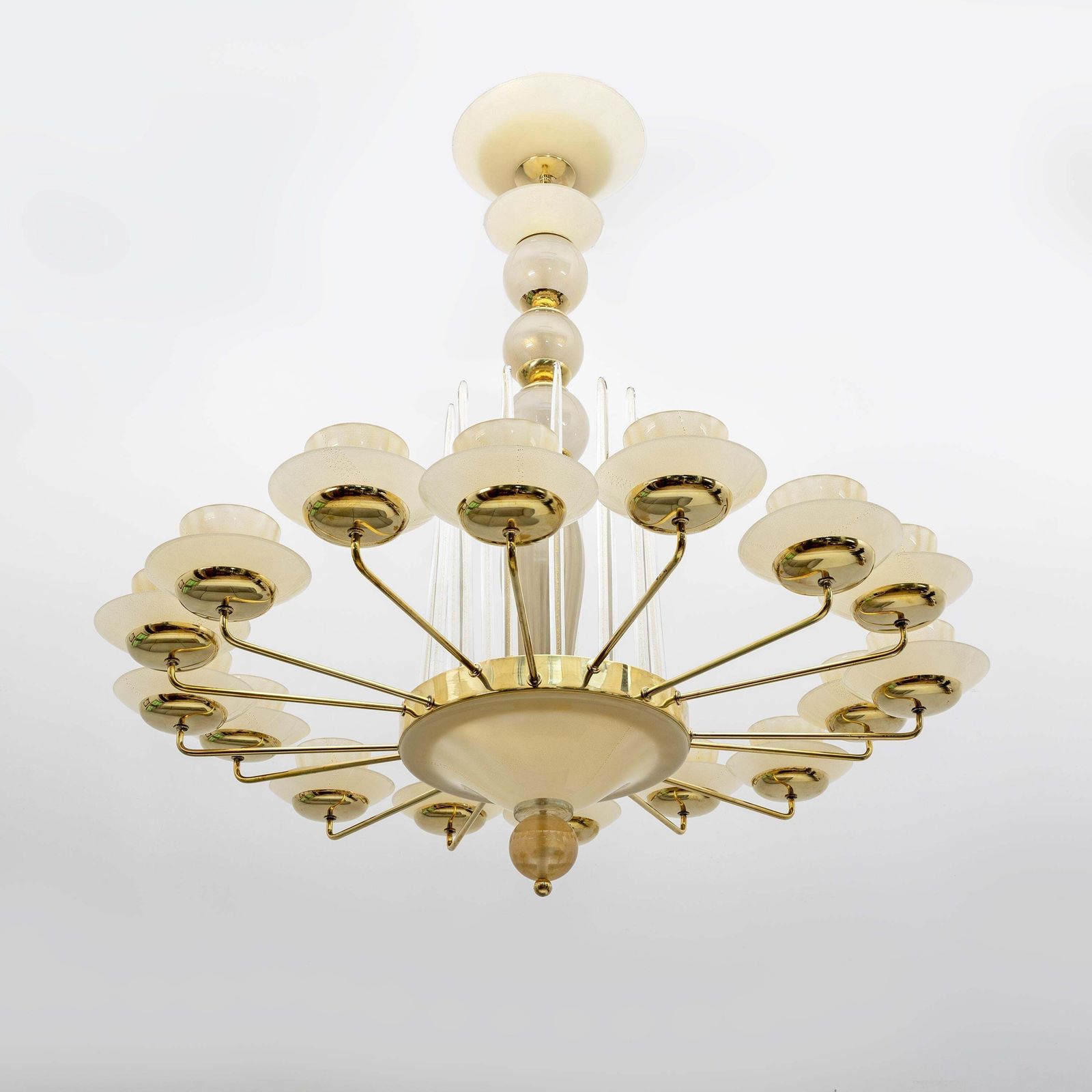 Mid Century Modern Style Brass And Murano Glass Big Chandelier