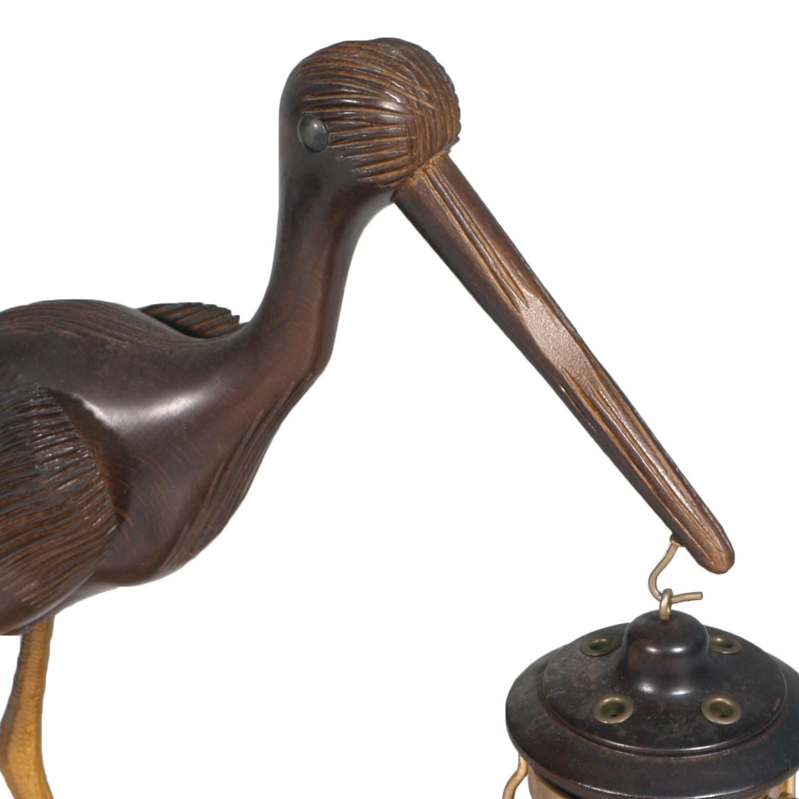 1940s Art Deco Heron Table Lamp, Ashtray, Cigarette Service, Hand Carved Wood photo 1748.4
