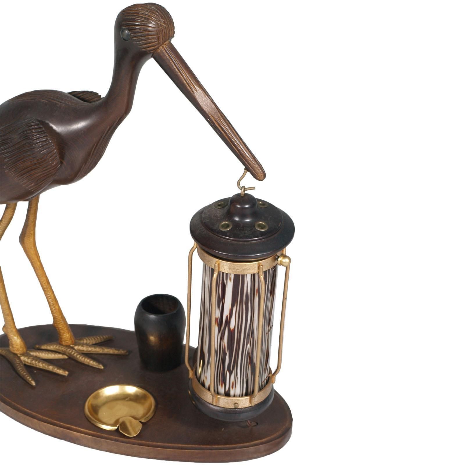 1940s Art Deco Heron Table Lamp, Ashtray, Cigarette Service, Hand Carved Wood photo buy