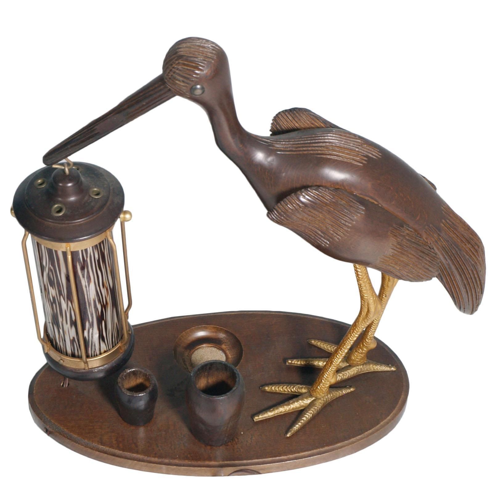 1940s Art Deco Heron Table Lamp, Ashtray, Cigarette Service, Hand Carved Wood photo vintage