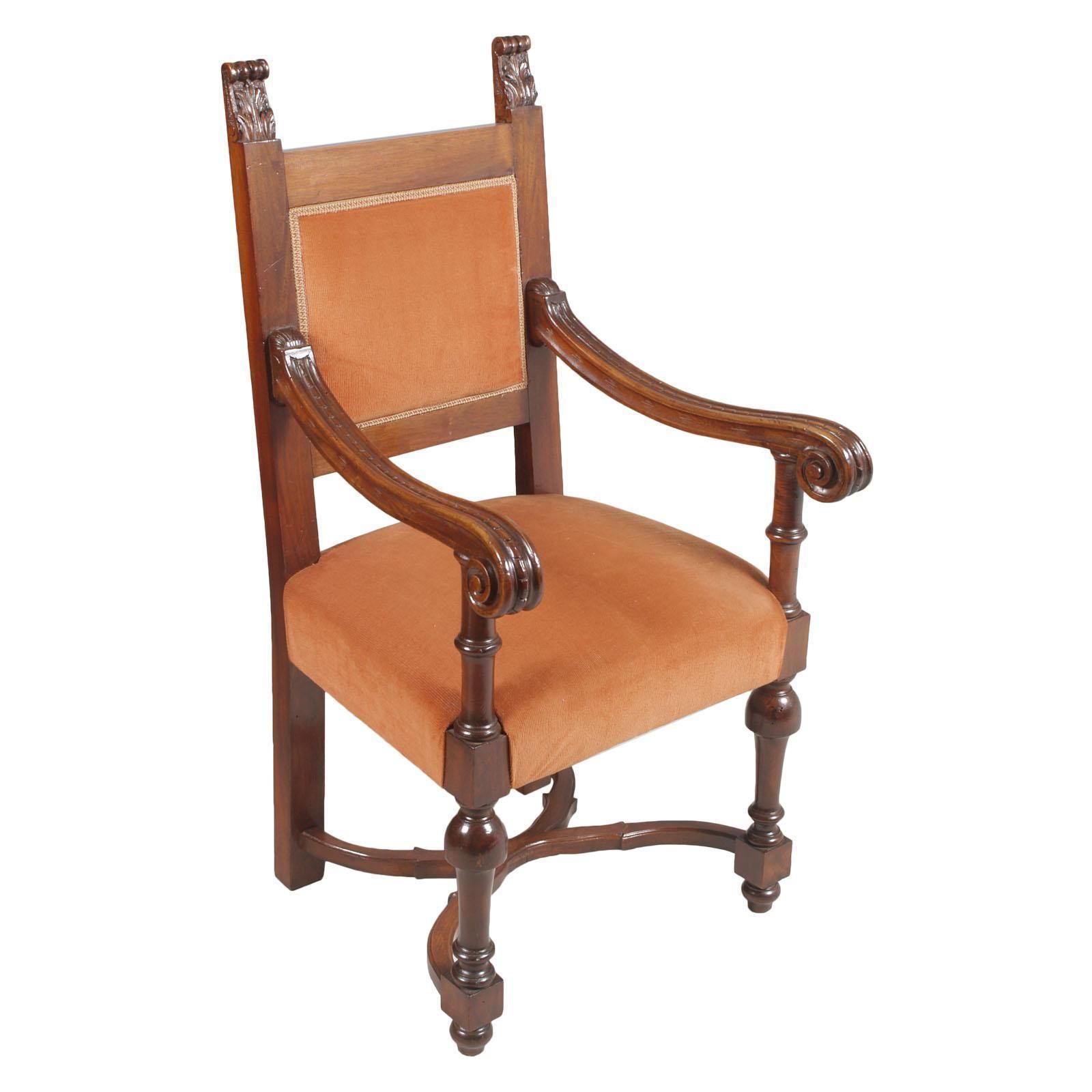 Early 20th Century Carved Renaissance Tuscany Throne Armchair, Wax Polished