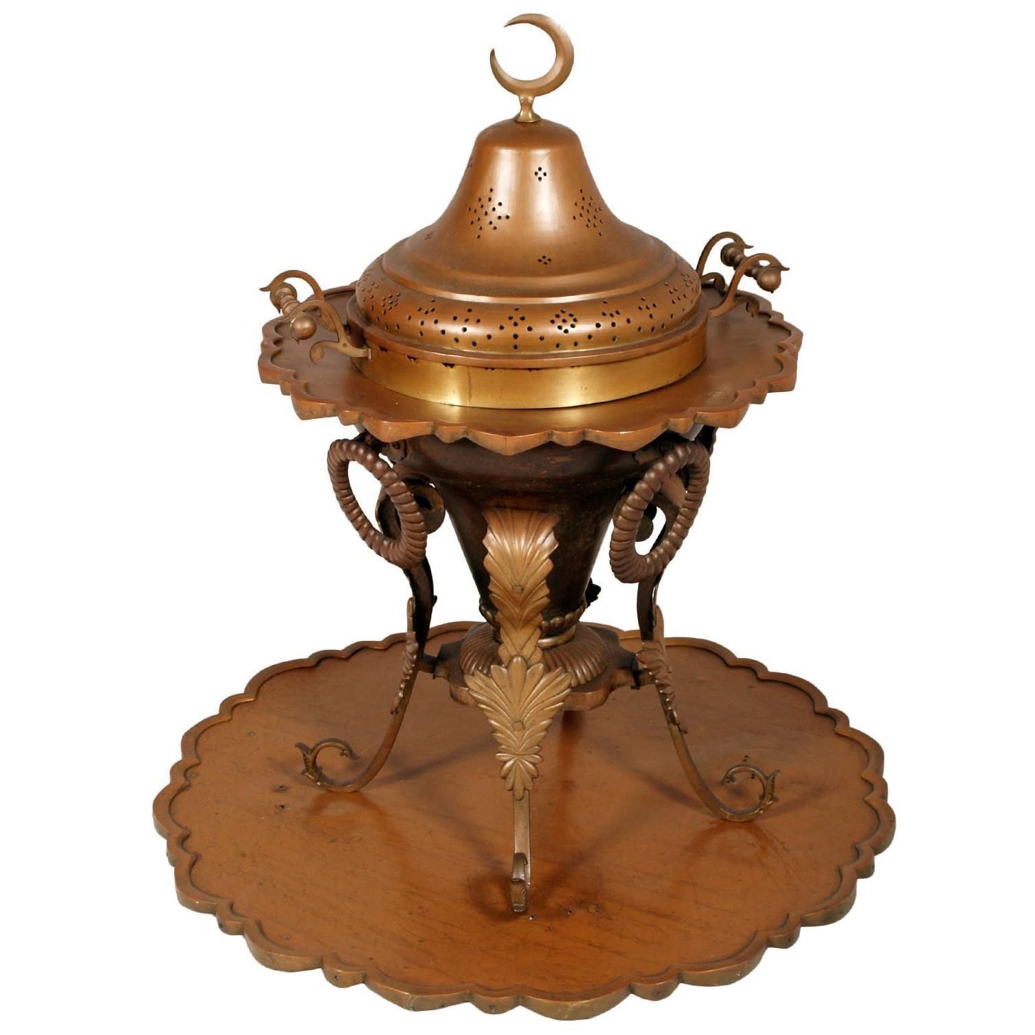 Antique Brazier Heating In Embossed Thick Brass Slab With Cast Bronze Structure