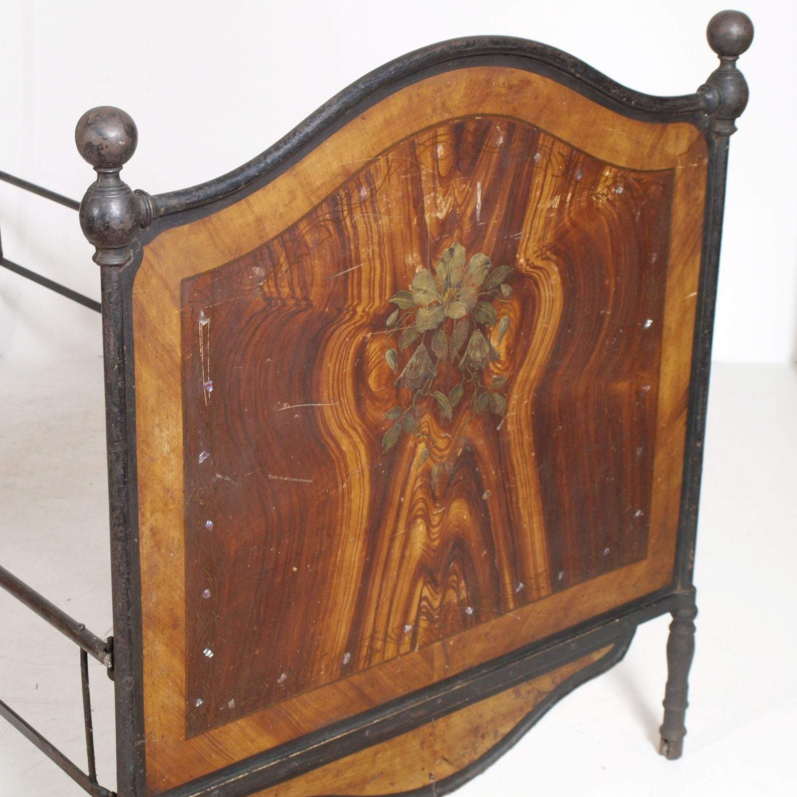 Italian 19th Century Bed Wrought Iron, Decorated With Mother Of Pearl Scales photo vinterior