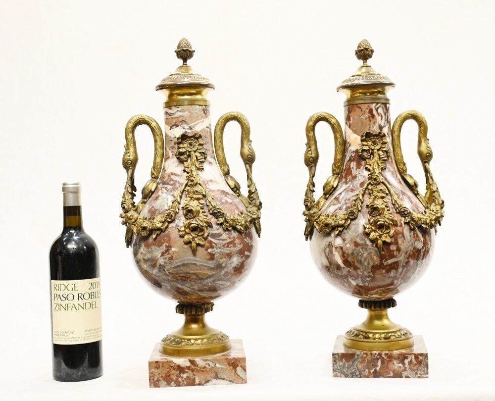 photo for sale Pair Marble Cassolette Urns French Empire Decorative Vases 1890